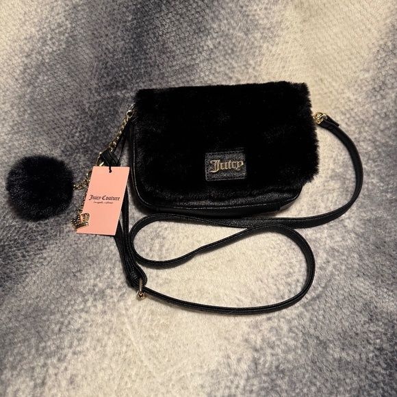 Juicy Couture Black Faux Fur Licorice Flap Crossbody with Pom Pom & Crown Charm - Picture 1 of 9